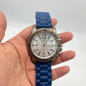 Titanium Quartz Watch Blue Silicone‎ Strap Silver Chronograph Dial Japan Movt